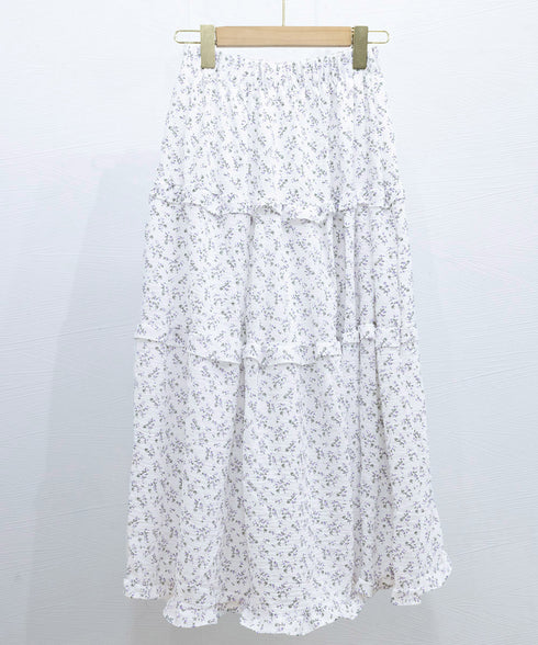 フリルティアード 小花柄 ロングスカート レディース ティアードスカート きれいめ 体型カバースカート着やせ 大人可愛い新作ハイウエストスカート 裏地付きスカート 98JLIY-001